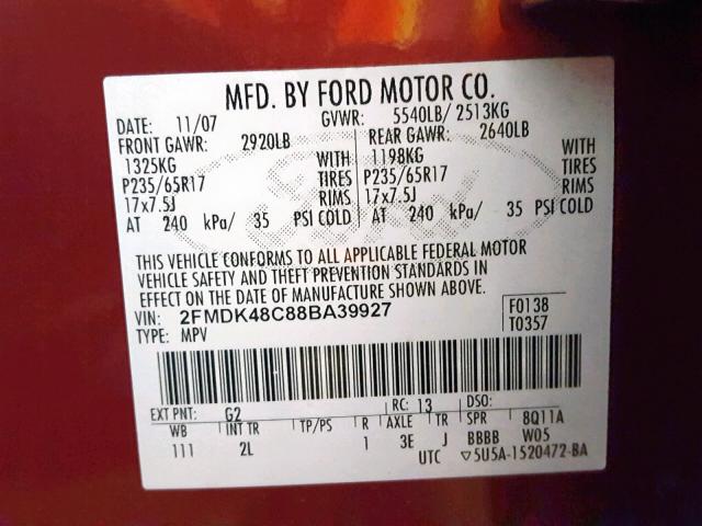 2FMDK48C88BA39927 - 2008 FORD EDGE SEL MAROON photo 10