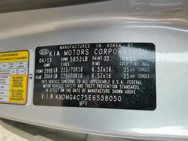 KNDMG4C75E6538050 - 2014 KIA SEDONA LX SILVER photo 10