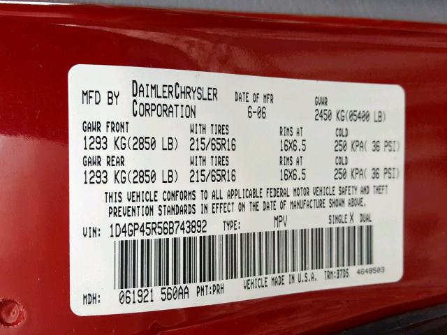 1D4GP45R56B743892 - 2006 DODGE CARAVAN SX RED photo 10