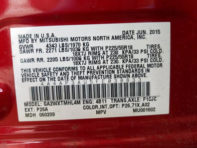 4A4AP3AU5FE038833 - 2015 MITSUBISHI OUTLANDER SPORT ES  photo 10