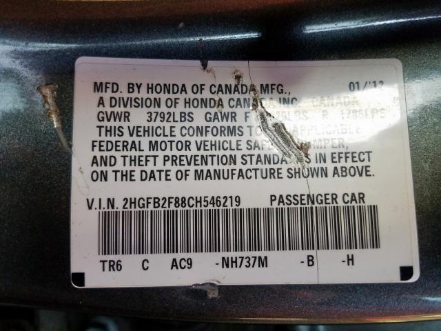 2HGFB2F88CH546219 - 2012 HONDA CIVIC EX  photo 10