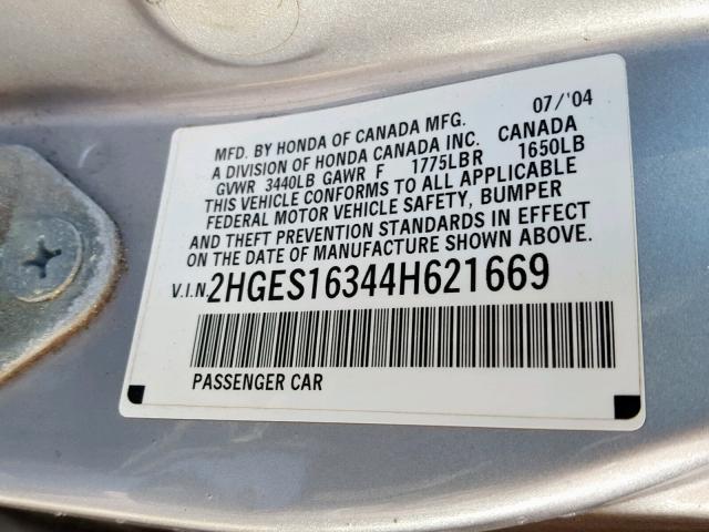 2HGES16344H621669 - 2004 HONDA CIVIC DX V SILVER photo 10