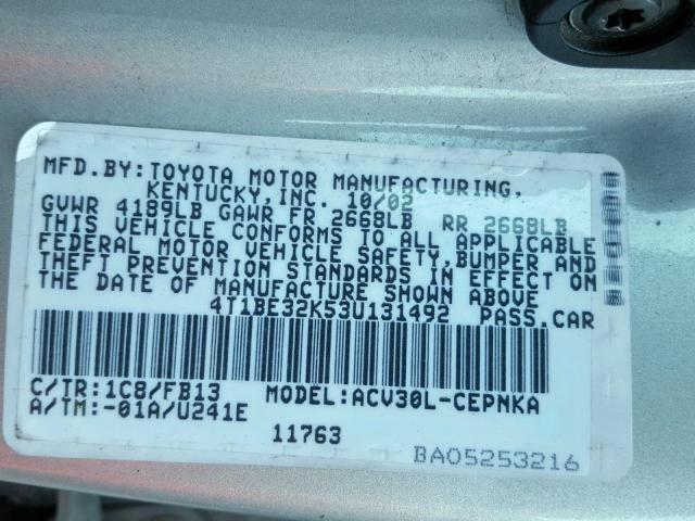 4T1BE32K53U131492 - 2003 TOYOTA CAMRY LE SILVER photo 10