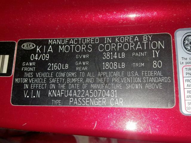 KNAFU4A22A5070431 - 2010 KIA FORTE EX RED photo 10