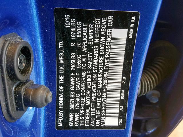 SHHFK7H40HU205964 - 2017 HONDA CIVIC SPOR BLUE photo 10