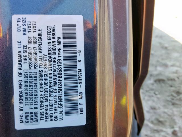 5FNRL5H24FB063159 - 2015 HONDA ODYSSEY LX GRAY photo 10