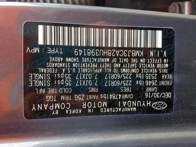 KM8J3CA28HU398149 - 2017 HYUNDAI TUCSON LIM GRAY photo 10