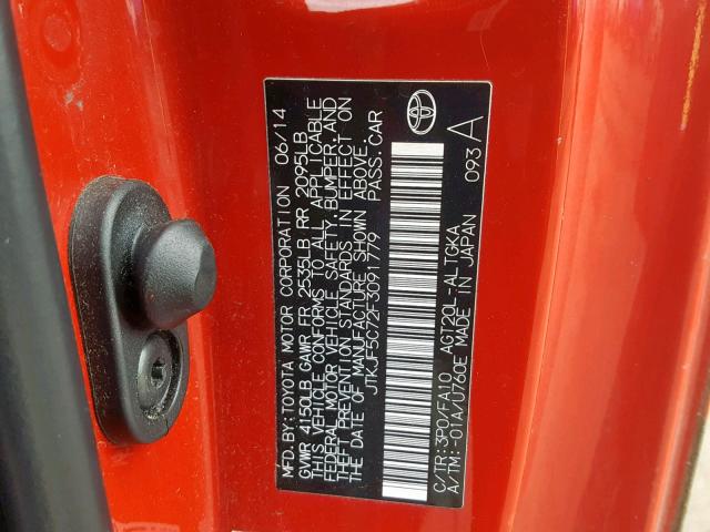 JTKJF5C72F3091779 - 2015 TOYOTA SCION TC წითელი ფოტო 10