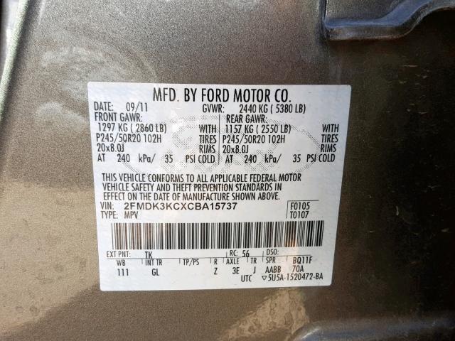 2FMDK3KCXCBA15737 - 2012 FORD EDGE LIMIT CHARCOAL photo 10