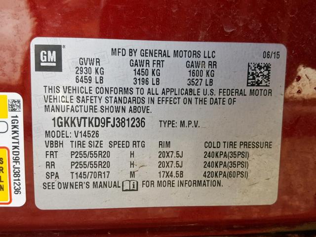 1GKKVTKD9FJ381236 - 2015 GMC ACADIA DEN RED photo 10