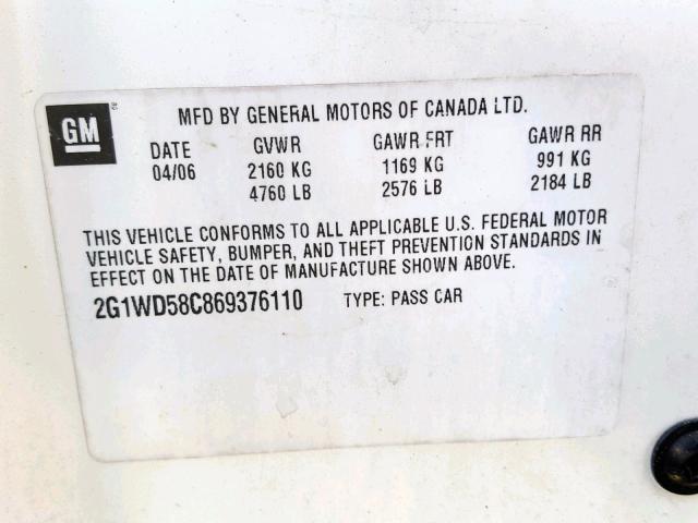 2G1WD58C869376110 - 2006 CHEVROLET IMPALA SUP 白色 照片 10