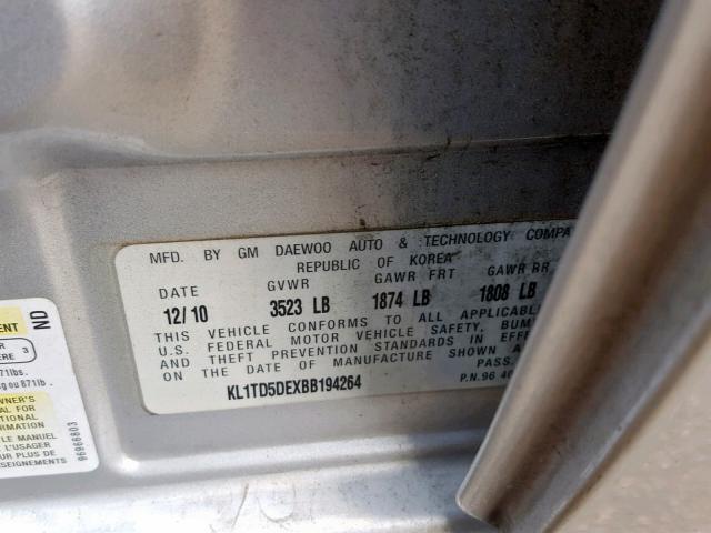 KL1TD5DEXBB194264 - 2011 CHEVROLET AVEO LS SILVER photo 10