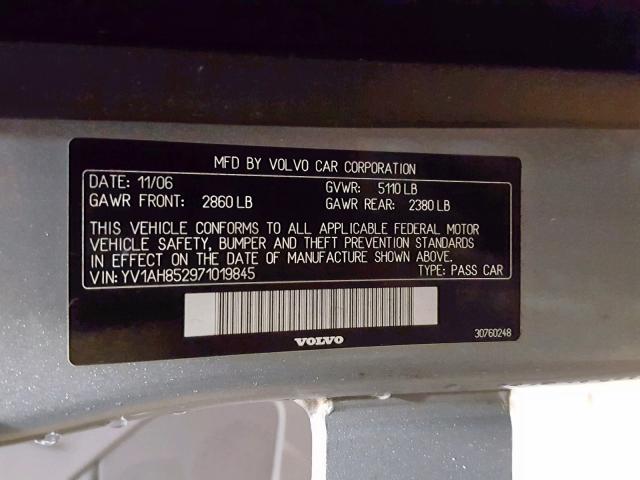 YV1AH852971019845 - 2007 VOLVO S80 V8 SILVER photo 10