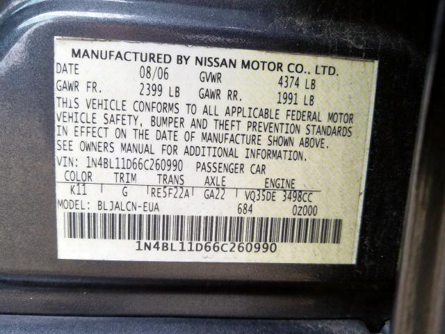 1N4BL11D66C260990 - 2006 NISSAN ALTIMA SE  photo 10