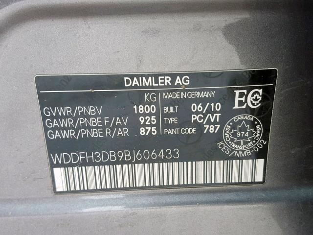 WDDFH3DB9BJ606433 - 2011 MERCEDES-BENZ B200 GRAY photo 10