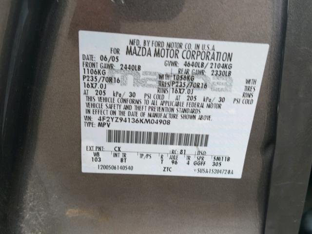 4F2YZ94136KM04908 - 2006 MAZDA TRIBUTE S GRAY photo 10