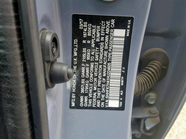 SHHFK7H41HU224605 - 2017 HONDA CIVIC SPOR BLUE photo 10