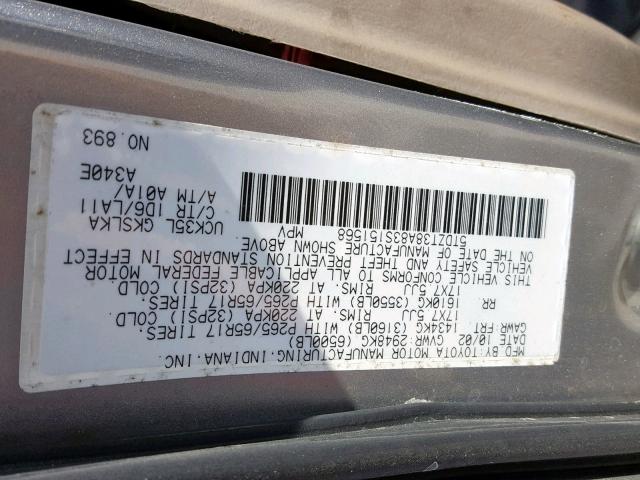 5TDZT38A83S151568 - 2003 TOYOTA SEQUOIA LI SILVER photo 10