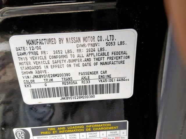 JNKBY01E26M200390 - 2006 INFINITI M45 BASE BLACK photo 10