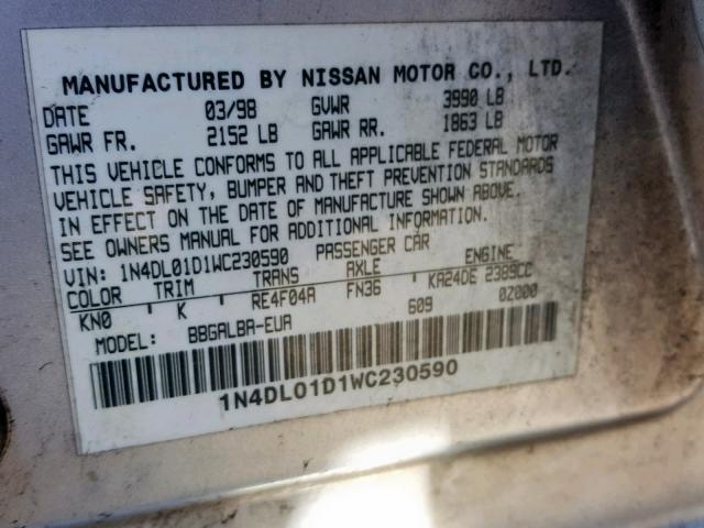 1N4DL01D1WC230590 - 1998 NISSAN ALTIMA XE GRAY photo 10