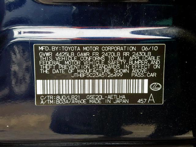 JTHBF5C23A5126499 - 2010 LEXUS IS 250 SILVER photo 10