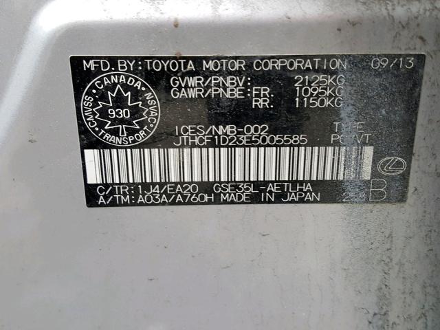 JTHCF1D23E5005585 - 2014 LEXUS IS 250 SILVER photo 10