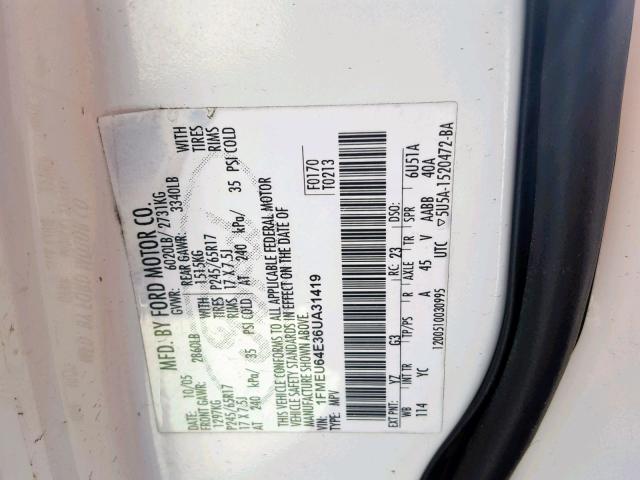 1FMEU64E36UA31419 - 2006 FORD EXPLORER E WHITE photo 10