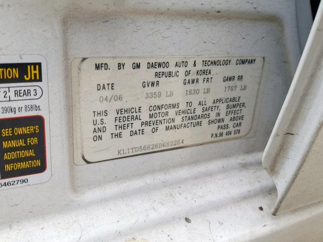 KL1TD56626B682264 - 2006 CHEVROLET AVEO BASE Ақ фото 10