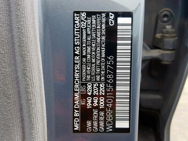 WDBRF40J15F687756 - 2005 MERCEDES-BENZ C 230K SPO GRAY photo 10