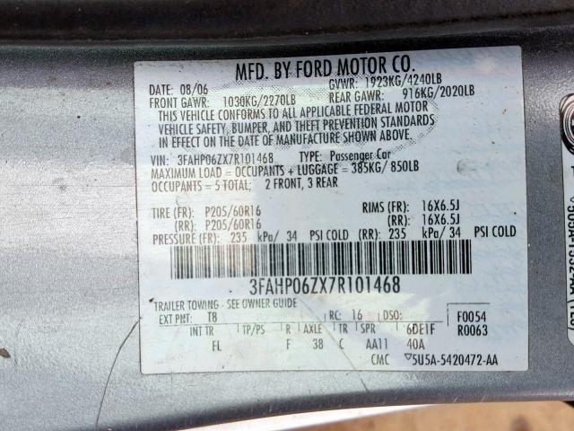 3FAHP06ZX7R101468 - 2007 FORD FUSION S GRAY photo 10