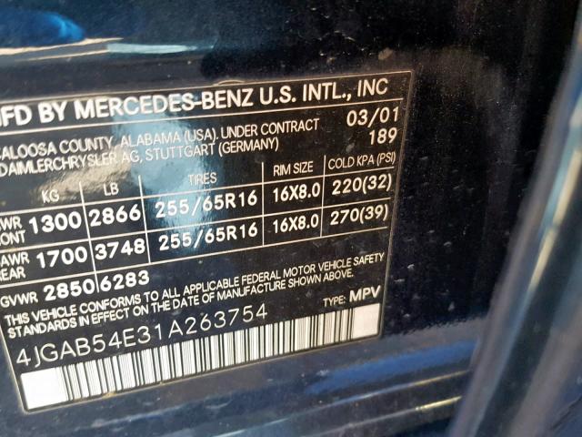 4JGAB54E31A263754 - 2001 MERCEDES-BENZ ML 320 BLUE photo 10