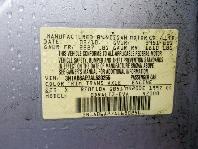 3N1AB6AP7AL680256 - 2010 NISSAN SENTRA 2.0 SILVER photo 10