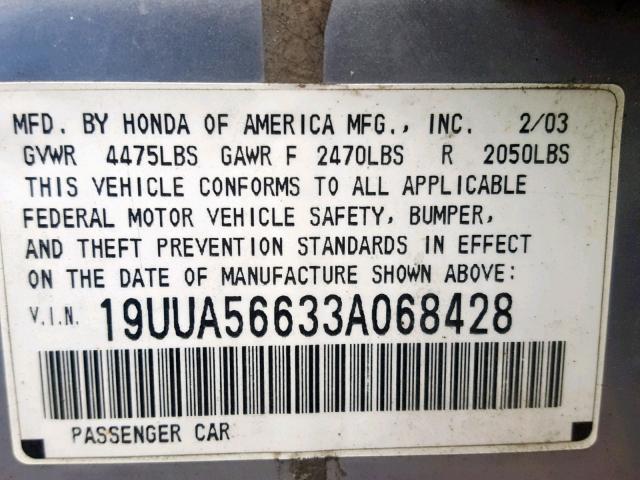 19UUA56633A068428 - 2003 ACURA 3.2TL SILVER photo 10