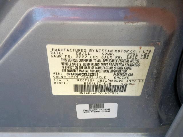 3N1AB6AP2CL632814 - 2012 NISSAN SENTRA 2.0 SILVER photo 10