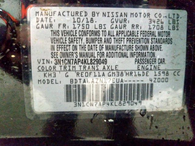 3N1CN7AP4KL829049 - 2019 NISSAN VERSA S  photo 10