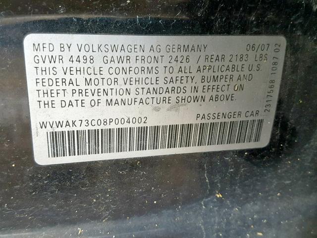 WVWAK73C08P004002 - 2008 VOLKSWAGEN PASSAT KOM BLACK photo 10