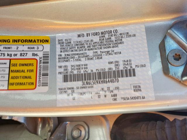 3LN6L5E9XHR644070 - 2017 LINCOLN MKZ RESERV SILVER photo 10