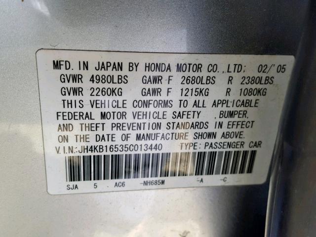 JH4KB16535C013440 - 2005 ACURA RL SILVER photo 10