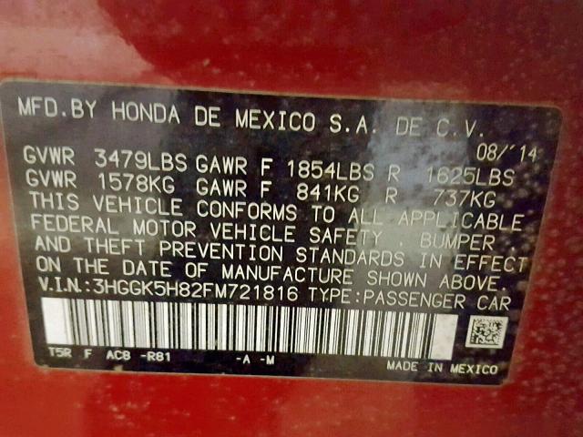 3HGGK5H82FM721816 - 2015 HONDA FIT EX RED photo 10