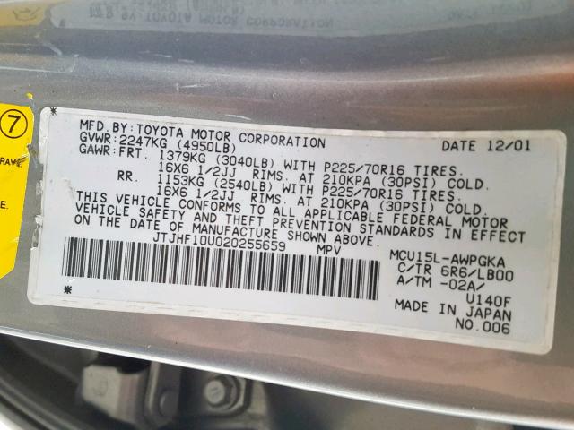 JTJHF10U020255659 - 2002 LEXUS RX 300 GRAY photo 10