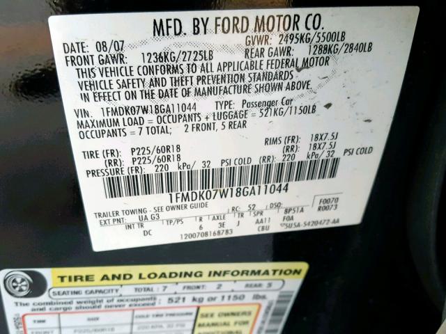 1FMDK07W18GA11044 - 2008 FORD TAURUS X E BLUE photo 10