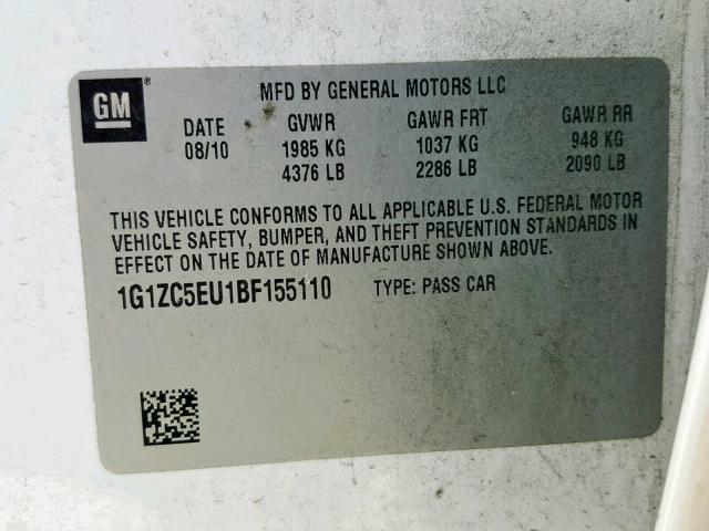 1G1ZC5EU1BF155110 - 2011 CHEVROLET MALIBU 1LT WHITE photo 10