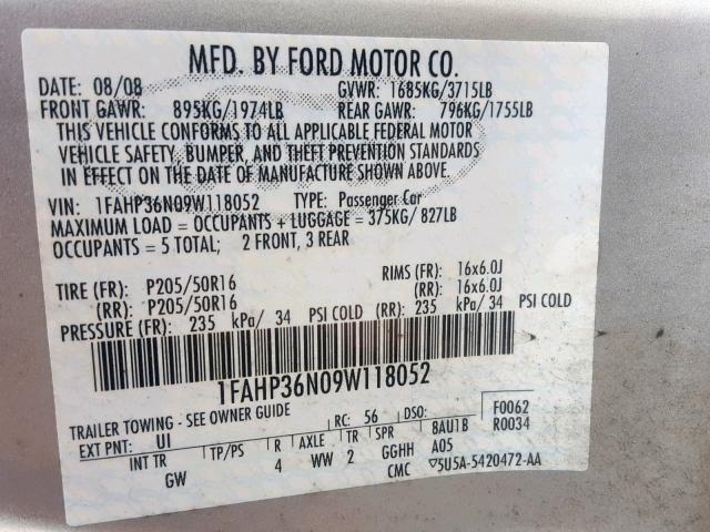 1FAHP36N09W118052 - 2009 FORD FOCUS SES SILVER photo 10