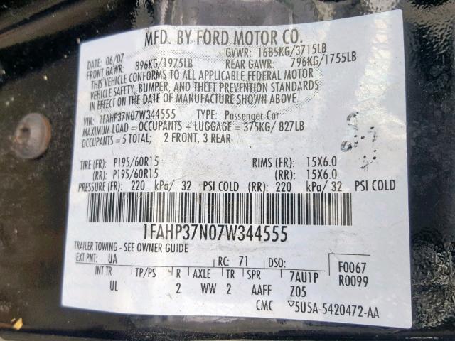 1FAHP37N07W344555 - 2007 FORD FOCUS ZX5 BLACK photo 10