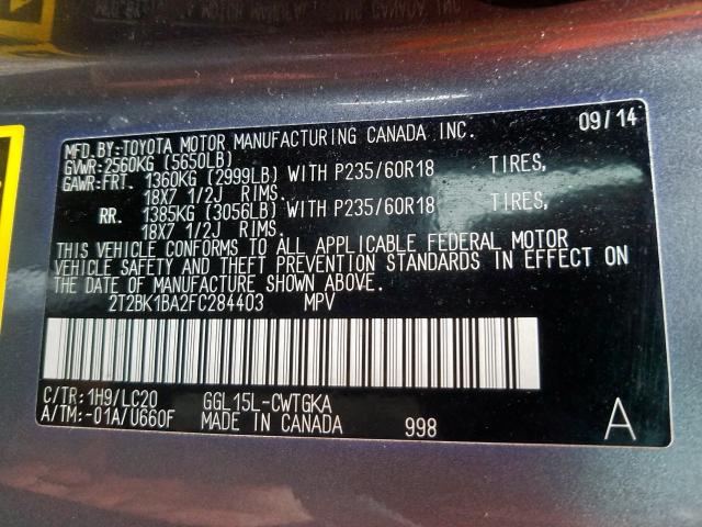 2T2BK1BA2FC284403 - 2015 LEXUS RX 350 BASE  photo 10