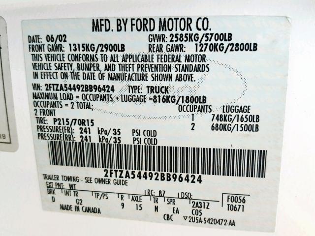 2FTZA54492BB96424 - 2002 FORD WINDSTAR WHITE photo 10