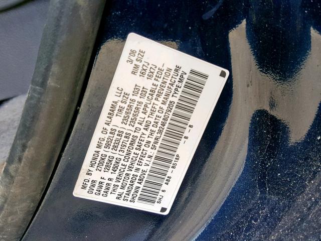 5FNRL38246B079205 - 2006 HONDA ODYSSEY LX BLUE photo 10