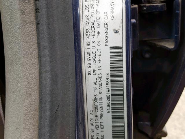 WAUED28D1WA158618 - 1998 AUDI A4 2.8 QUA BLUE photo 10