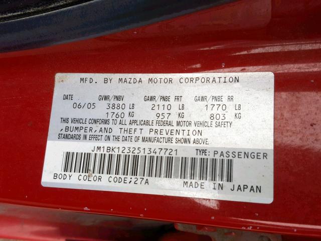 JM1BK123251347721 - 2005 MAZDA 3 S RED photo 10