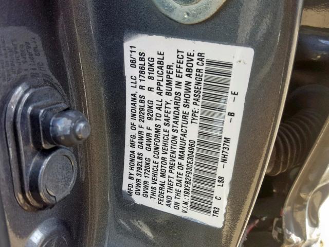 19XFB2F93CE304960 - 2012 HONDA CIVIC EXL GRAY photo 10